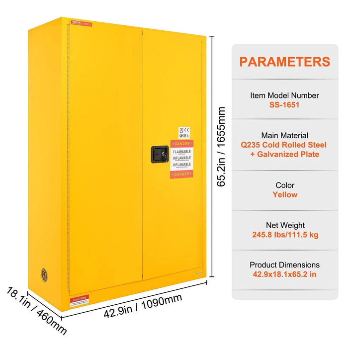 VEVOR Flammable Safety Cabinet, 45 Gal, Cold-Rolled Steel Flammable Liquid Storage Cabinet, 42.9 x 18.1 x 65.2 in Explosion Proof with 2 Adjustable Shelves 2 Manual Doors for Industrial Use, Yellow, DOBA-CF45