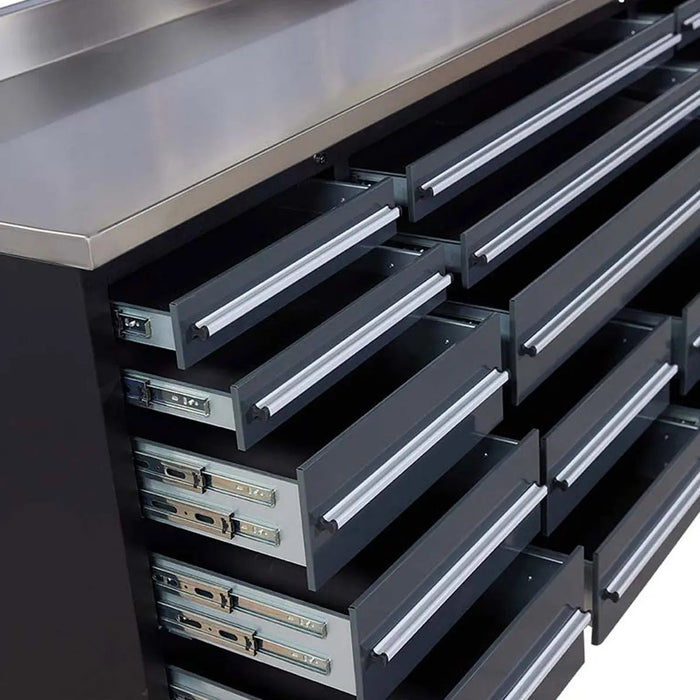 Pro Series 7-Ft 17-Drawer Workbench with Stainless Steel Top, Ball Bearing Double Slides & Casters, TMG-WB717