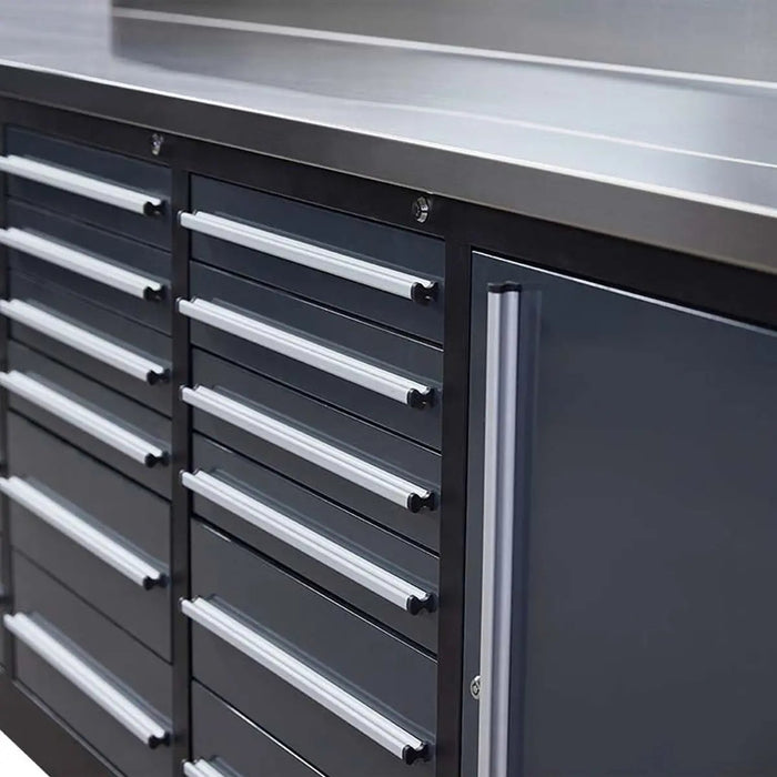 Pro Series 9-Ft 18-Drawer Workbench with Stainless Steel Top, Ball Bearing Double Slides & Casters, TMG-WB918