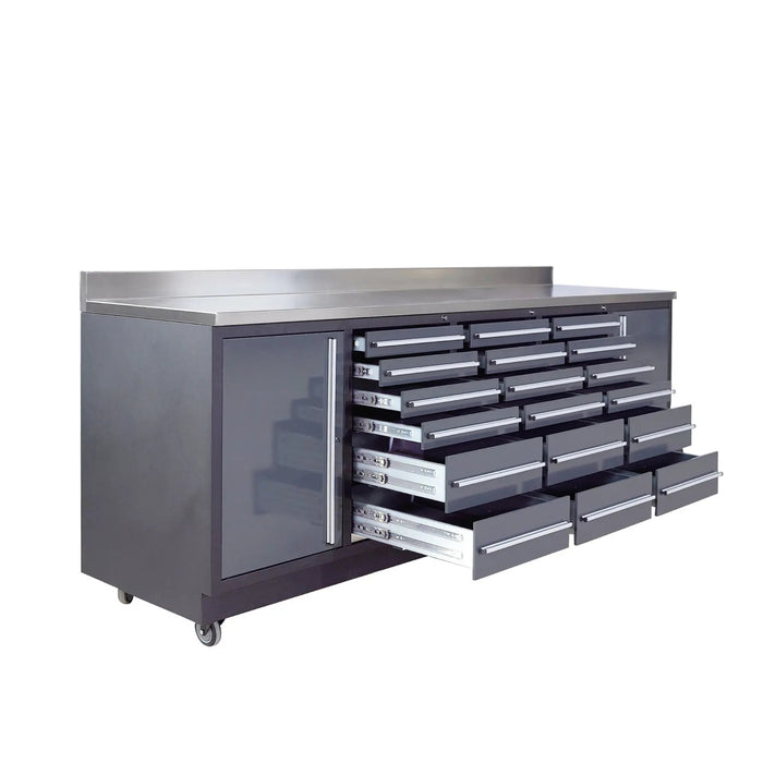 Pro Series 9-Ft 18-Drawer Workbench with Stainless Steel Top, Ball Bearing Double Slides & Casters, TMG-WB918