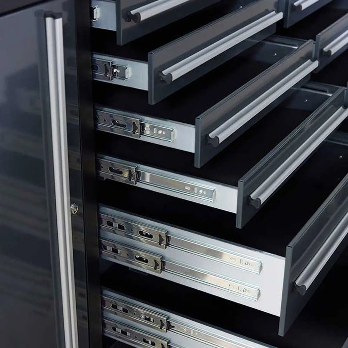 Pro Series 9-Ft 18-Drawer Workbench with Stainless Steel Top, Ball Bearing Double Slides & Casters, TMG-WB918