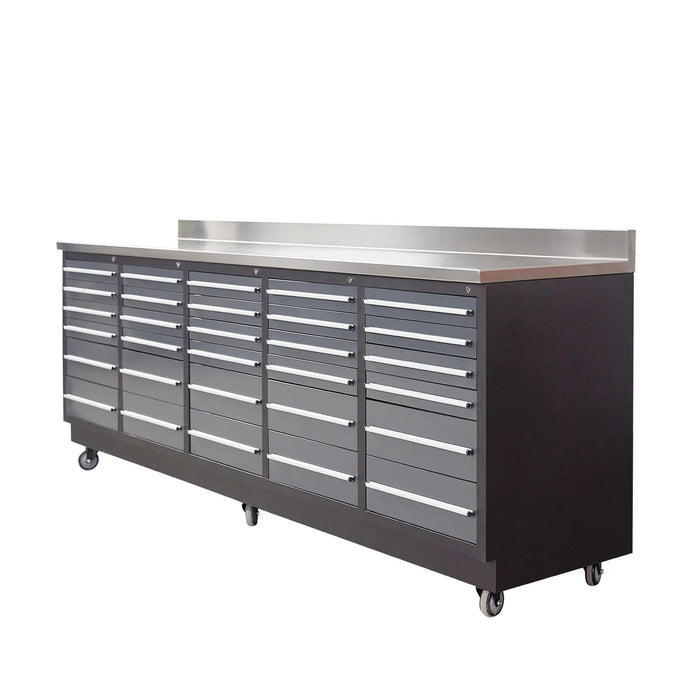 Pro Series 9-Ft 30-Drawer Workbench with Stainless Steel Top, Ball Bearing Double Slides & Casters, TMG-WB930
