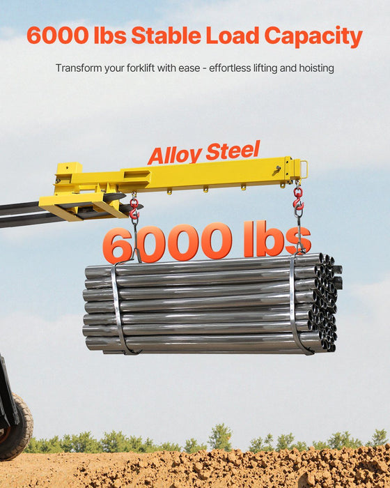 6000 lbs Adjustable Forklift Jib Boom Crane, Mobile Forklift Crane with 2 Hooks, Heavy-Duty Lifting Attachment, DOBA-FJ6000