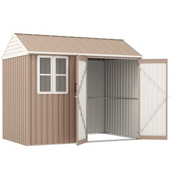 8' x 6' Metal Garden Storage Shed, Extra Large Tool Storage, Doors, Window, and Air Vents, Brown, DOBA-MS86
