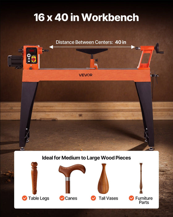 16" x 40" Woodworking Lathe, 1.5 HP Brushless Motor, 0–3200 RPM Variable Speed, Cast Iron Body with Tool Rest, DOBA-WL1640