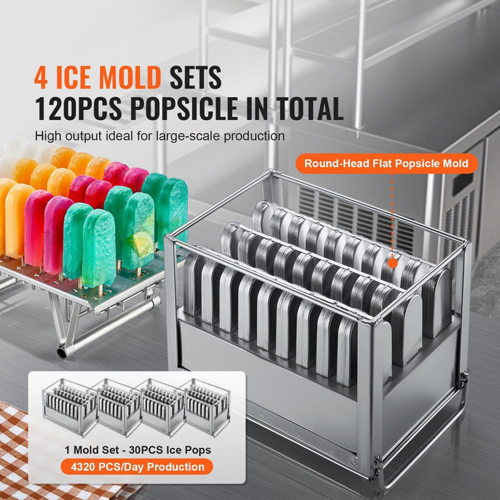 120 PCS Commercial Popsicle Machine, 4-Mold Ice Pops Making Set, Heavy-Duty Stainless Steel Freezing Unit, DOBA-PM120