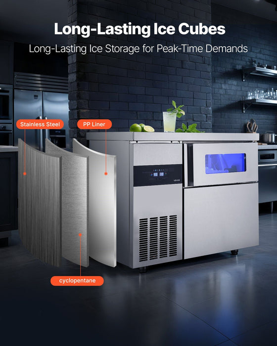 265 lbs/24H Commercial Ice Maker, Stainless Steel with Worktop, 66 lbs Storage & 126 Cubes per Cycle, Self-Cleaning Freestanding Design, DOBA-IM265