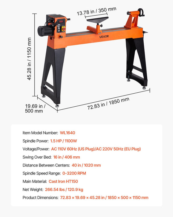 16" x 40" Woodworking Lathe, 1.5 HP Brushless Motor, 0–3200 RPM Variable Speed, Cast Iron Body with Tool Rest, DOBA-WL1640