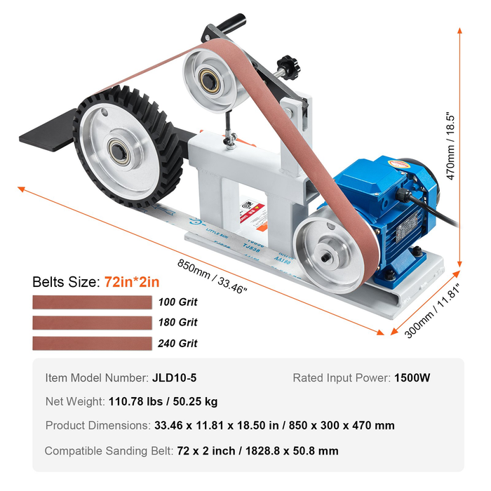 72" x 2" Belt Grinder Sander, 1500W (2HP) Variable Speed with VFD, Includes 3 Grinding Moulds & 3 Sanding Belts for Metalworking & Knife Making, DOBA-BG722
