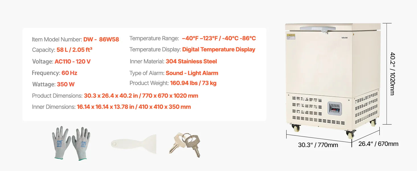 Zamrażarka o bardzo niskiej temperaturze 58 l, regulowany zakres od −40°F do −123°F, wkładka ze stali nierdzewnej 304, wyświetlacz cyfrowy z rolkami, DOBA-LF58