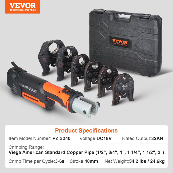 Pro Press Tool Pipe Crimping Kit, Cordless Battery Press Tool with 6 Interchangeable Jaws, DOBA-PPT6